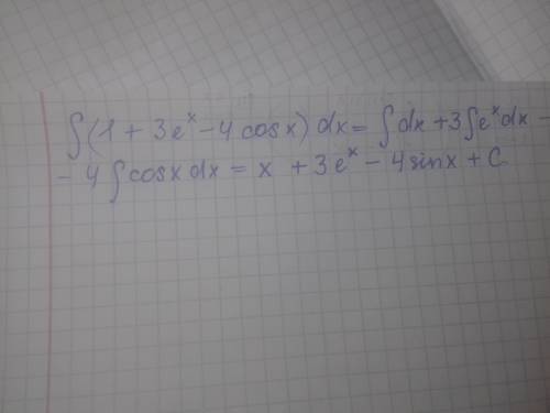 Вычислить первообразная функцию f(x)=1+3e^x-4cos x