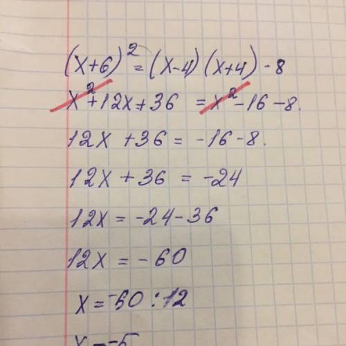 Решите уравнение: (х+6)^2=(х-4)(х+4)-8