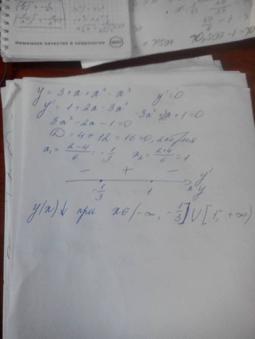 Найдите интервалы убывания функции y=3+x+x^2-x^3