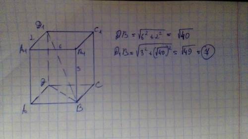 Впрямоугольном параллелепипеде abcda1b1c1d1 известны длины ребер бб1=3 а1б1=6 а1д1=2 найти длину бд1
