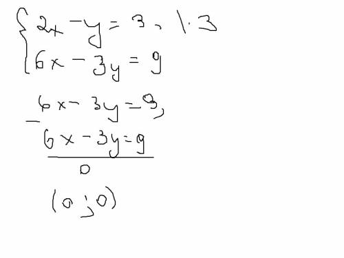 Решите систему уравнений: 2x-y=3; 6x-3y=9;