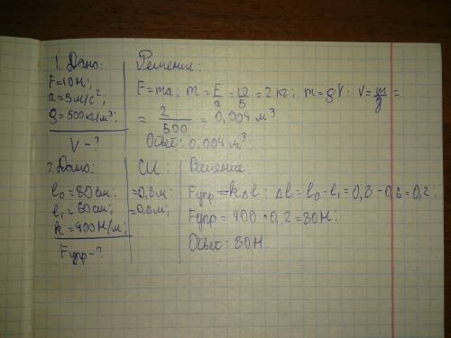 1.дано: f=10h a=5m\c^2 ро=500kg\m^3 найти v - ? 2. дано l0=80cm l1=60cm k=400h\m найти f -?