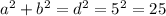 a^2+b^2=d^2=5^2=25