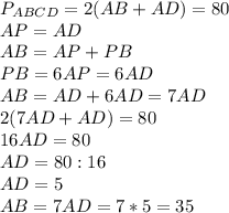 P_{ABCD} =2(AB+AD) =80\\ AP=AD \\AB=AP+PB \\ PB=6AP=6AD \\ AB=AD+6AD=7AD \\ 2(7AD+AD)=80 \\16AD=80 \\AD=80:16 \\AD=5 \\AB=7AD=7*5=35