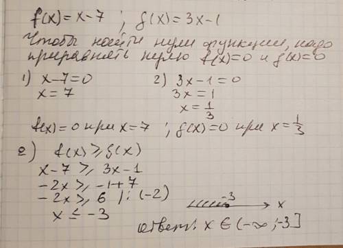 2)даны функции f,g: r→r f(x)=x-7 g(x)=3x-1 а)найдите нули функций f и g б)при каких действительных з