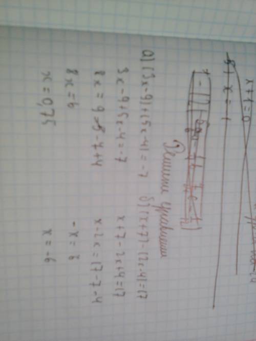 Решите уравнение: а) (3x-9)+(5x-4)=-7 б)(x+-4)=17