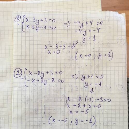 Решить: 1)x-3y+3=0 x+y-1=0 2)x-2y+3=0 -x+3y-2=0