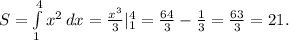 S= \int\limits^4_1 {x^2} \, dx=\frac{x^3}{3} |_1^4= \frac{64}{3}- \frac{1}{3}= \frac{63}{3}=21.