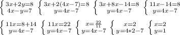 \left \{ {{3x+2y=8} \atop {4x-y=7}} \right. \left \{ {{3x+2(4x-7)=8} \atop {y=4x-7}} \right. \left \{ {{3x+8x-14=8} \atop {y=4x-7}} \right. \left \{ {{11x-14=8} \atop {y=4x-7}} \right. \\ \\ \left \{ {{11x=8+14} \atop {y=4x-7}} \right. \left \{ {{11x=22} \atop {y=4x-7}} \right. \left \{ {{x= \frac{22}{11} } \atop {y=4x-7}} \right. \left \{ {{x=2} \atop {y=4*2-7}} \right. \left \{ {{x=2} \atop {y=1}} \right.