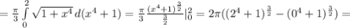 =\frac{ \pi }{3} \int\limits^2_0 { \sqrt{1+x^4} } \, d(x^4+1)=\frac{ \pi }{3} \frac{(x^4+1)^{ \frac{3}{2} }}{ \frac{3}{2} } |_0^2=2 \pi ((2^4+1)^{ \frac{3}{2} }-(0^4+1)^{ \frac{3}{2} })=