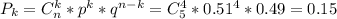 P_{k} =C ^{k}_{n} *p ^{k} *q ^{n-k} =C ^{4} _{5}*0.51 ^{4} *0.49=0.15