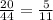 \frac{20}{44}=\frac{5}{11}