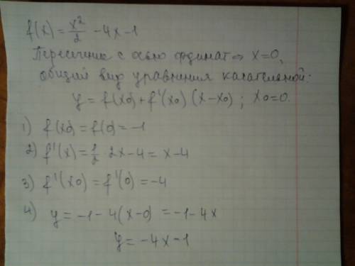 Решить. составьте уравнение касательной к графику функции f(x)=x^2/2-4x-1 в точке пересечения график