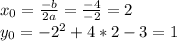 x_0= \frac{-b}{2a}= \frac{-4}{-2}=2\\&#10;y_0=-2^2+4*2-3=1