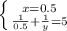 \left \{ {{ x =0.5} \atop { \frac{1}{0.5} + \frac{1}{y}=5}} \right.