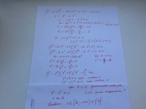 Решить ! (9^x-2*3^x)^2-62(9^x-2*3^x)-63> =0