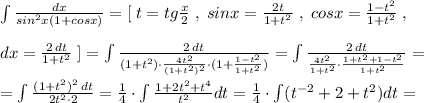 \int \frac{dx}{sin^2x(1+cosx)} =[\; t=tg \frac{x}{2}\; ,\; sinx= \frac{2t}{1+t^2}\; ,\; cosx= \frac{1-t^2}{1+t^2}\; ,\\\\dx= \frac{2\, dt}{1+t^2} \; ]=\int \frac{2\, dt}{(1+t^2)\cdot \frac{4t^2}{(1+t^2)^2}\cdot (1+\frac{1-t^2}{1+t^2} )} =\int \frac{2\, dt}{\frac{4t^2}{1+t^2}\cdot \frac{1+t^2+1-t^2}{1+t^2} } =\\\\=\int \frac{(1+t^2)^2\, dt}{2t^2\cdot 2} = \frac{1}{4}\cdot \int \frac{1+2t^2+t^4}{t^2} dt= \frac{1}{4}\cdot \int (t^{-2}+2+t^2)dt=