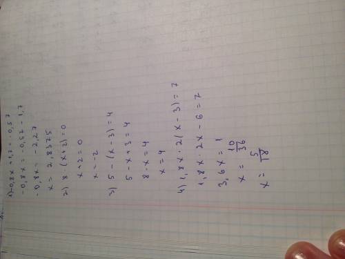 1) -0,8x+1,7=-0,57 2) 8*(x+2)=0 3) 5-(x-3)=4 4) 1,8x*2(x-3)=7