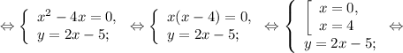 \Leftrightarrow\left \{ \begin{array}{lcl} {{x^{2} -4x=0,} \\ {y=2x-5;}} \end{array} \right.\Leftrightarrow\left \{ \begin{array}{lcl} {{x(x-4)=0,} \\ {y=2x-5;}} \end{array} \right.\Leftrightarrow\left \{ \begin{array}{lcl} {\left [ \begin{array}{lcl} {{x=0,} \\ {x=4}} \end{array} \right.{} \\ {y=2x-5;}} \end{array} \right.\Leftrightarrow