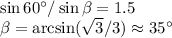 \sin 60^\circ/\sin\beta = 1.5\\&#10;\beta = \arcsin(\sqrt{3}/{3})\approx 35^\circ