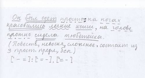 Синтаксический разбор бсп он был одет просто,на ногах красовались легкие ичиги,на голове плотно сиде