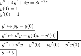 y''+4y'+4y=8e^{-2x}\\ y(0)=1\\ y'(0)=1\\ \\ \boxed{y'\mapsto py-y(0)}\\ \boxed{y''\mapsto p^2y-y(0)p-y'(0) }\\ \boxed{y'''\mapsto p^3y-y''(0)-py'(0)-p^2y(0)}\\ \boxed{y\mapsto y}