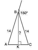 Втреугольнике abc внешний угол при вершине c равен 150°, ab=bc=14. найдите длину медианы bk