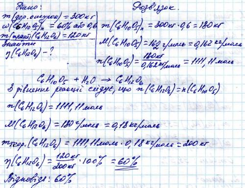 Будь ласка хто може напишіть розв'язок дуже треба при гідролізі деревних ошурок масою 300 кг, у яких