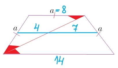 Діагональ рівнобічної трапеції ділить її середню лінію на відріки 4 і 7 см, а гострий кут трапеції н