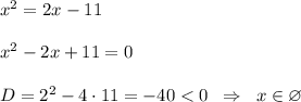 x^2=2x-11\\\\x^2-2x+11=0\\\\D=2^2-4\cdot 11=-40