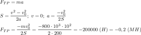 F_T_P=ma\\\\S=\dfrac{v^2-v_0^2}{2a};\ v=0;\ a=\dfrac{-v_0^2}{2S}\\\\F_T_P=\dfrac{-mv_0^2}{2S}=\dfrac{-800\cdot 10^3\cdot 10^2}{2\cdot 200}=-200000\ (H)=-0,2\ (MH)