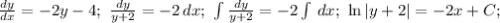 \frac{dy}{dx}=-2y-4;\ \frac{dy}{y+2}=-2\, dx;\ \int\frac{dy}{y+2}=-2\int\, dx;\ &#10;\ln|y+2| =-2x+C;\