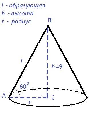 Найти объем конуса , если его высота 9 см а образующая наклонена к плоскости основания под углом 60