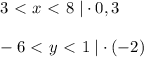 3\ \textless \ x\ \textless \ 8\; |\cdot 0,3\\\\-6\ \textless \ y\ \textless \ 1\; |\cdot (-2)