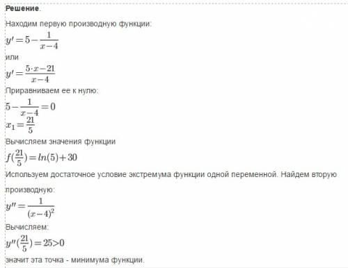 Найти точку минимума: у=5х-ln(x-4)+9