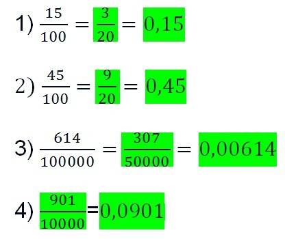 Запишите частное обыкновенной дробью и десятичной дробью: 1)15: 100; 2) 45: 100; 3) 614: 100 000; 4)