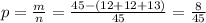 p= \frac{m}{n} = \frac{45-(12+12+13)}{45} = \frac{8}{45}