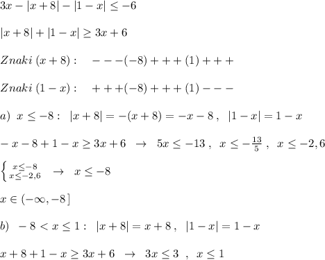 3x-|x+8|-|1-x| \leq -6\\\\|x+8|+|1-x| \geq 3x+6\\\\Znaki \; (x+8):\quad ---(-8)+++(1)+++\\\\Znaki\; (1-x):\quad +++(-8)+++(1)---\\\\a)\; \; x \leq -8:\; \; |x+8|=-(x+8)=-x-8\; ,\; \; |1-x|=1-x\\\\-x-8+1-x \geq 3x+6\; \; \to \; \; 5x \leq -13\; ,\; \; x \leq -\frac{13}{5}\; ,\; \; x\leq -2,6\\\\ \left \{ {{x \leq -8} \atop {x \leq -2,6}} \right. \; \; \to \; \; x \leq -8\\\\x\in (-\infty ,-8\, ]\\\\b)\; \; -8\ \textless \ x \leq 1:\; \; |x+8|=x+8\; ,\; \; |1-x|=1-x\\\\x+8+1-x\geq 3x+6\; \; \to \; \; 3x \leq 3\; \; ,\; \; x \leq 1