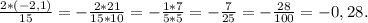 \frac{2*(-2,1)}{15} =- \frac{2*21}{15*10} =- \frac{1*7}{5*5} =-\frac{7}{25} =-\frac{28}{100} =-0,28.