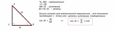 Втреугольнике авс угол с равен 90 градусов вс=16 ав=25айдите cos в ?