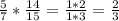 \frac{5}{7} * \frac{14}{15} = \frac{1*2}{1*3} = \frac{2}{3}