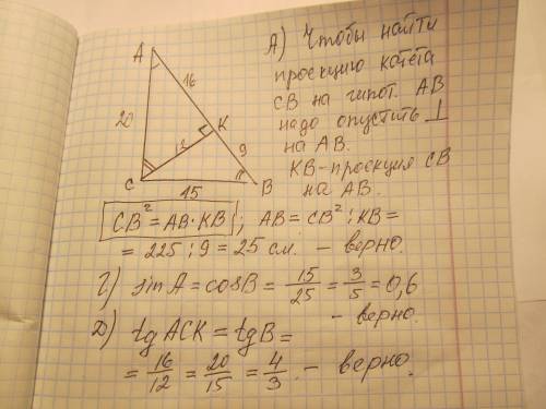 Упрямокутному трикутнику авс (кут с = 90о) катет св = 15 см, а його проекція на гіпотенузу кв = 9 см