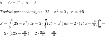 y=25-x^2\; ,\; \; y=0\\\\Tochki\; peresecheniya: \; \; 25-x^2=0\; ,\; \; x=\pm 5\\\\S= \int\limits^{-5}_5 (25-x^2) \, dx =2\cdot \int\limits^0_5 (25-x^2)\, dx =2\cdot (25x- \frac{x^3}{3})\Big |_0^5=\\\\=2\cdot (125- \frac{125}{3})=2\cdot \frac{250}{3}= \frac{500}{3}