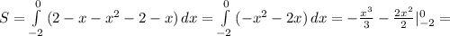 S= \int\limits^0_{-2} {(2-x-x^2-2-x)} \, dx = \int\limits^0_{-2} {(-x^2-2x)} \, dx =- \frac{x^3}{3} - \frac{2x^2}{2} |_{-2}^0=