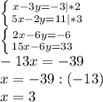 \left \{ {{x-3y=-3|*2} \atop {5x-2y=11|*3}} \right. \\&#10; \left \{ {{2x-6y=-6} \atop {15x-6y=33}} \right. \\&#10;-13x=-39\\&#10;x=-39:(-13)\\&#10;x=3