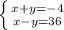 \left \{ {{x+y=-4} \atop {x-y=36}} \right.