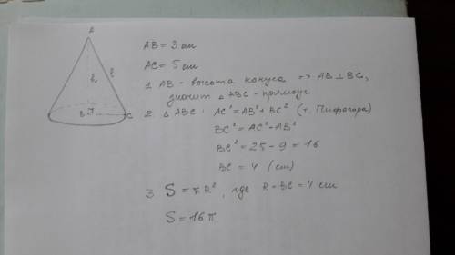 Найдите площадь основы конуса,если высота-3 ,а боковая сторона-5 см