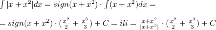 \int |x+x^2|dx=sign(x+x^2)\cdot \int (x+x^2)dx=\\\\=sign(x+x^2)\cdot (\frac{x^2}{2}+\frac{x^3}{3})+C=ili= \frac{x+x^2}{|x+x^2|}\cdot ( \frac{x^2}{2} +\frac{x^3}{3})+C