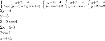 \left \{ {{y+2x=4} \atop {log _{5}(y-x) =log _{5}( x+2) }} \right. &#10; \left \{ {{y+2x=4} \atop {y-x=x+2}} \right. \left \{ {{y+2x=4} \atop {y-x-x=2}} &#10;\right. &#10; \left \{ {{y+2x=4} \atop {y-2x=2}} \right. &#10;&#10;2y=6&#10;&#10;y=3&#10;&#10;3+2x=4&#10;&#10;2x=4-3&#10;&#10;2x=1&#10;&#10;x=0,5&#10;&#10;&#10;&#10;&#10;&#10;&#10;&#10;&#10;