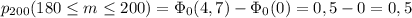 p_{200}(180 \leq m \leq 200)=\Phi_0(4,7)-\Phi_0(0)=0,5-0=0,5\\